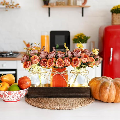 VAIPI Fall Decor Mason Jar Centerpiece Table Decorations with 3 Jar Flowers String Lights and Wooden Tray Fall Decorations for Home Dining Room Farmhouse Autumn Wedding Kitchen Living Room Bathroom