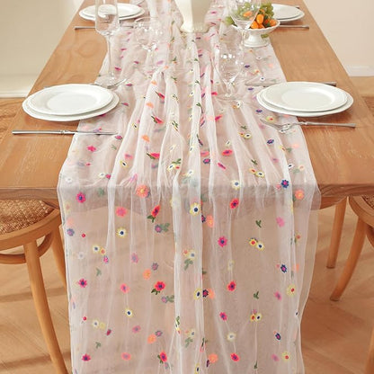 Champagne Embroidery Daisy Fall Table Runner 120Inch 10FT Florals Soft Sheer Tulle Fabric Table Runner for Home Decor, Brithday, Wedding, Baby Shower ,Holiday ,Parties, DIY Craft,1PC