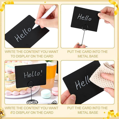 TecUnite 24 Pack Mini Chalkboard Signs, 4"x3" Small Table Place Cards with Metal Stand and 2 Marker Pens Food Labels for Party Buffet, Tabletop Blackboard Signs Name Tags for Wedding Bakery(Black)