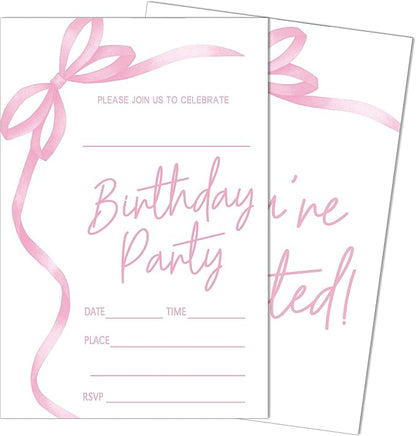 SIXEIGHT Pink Bow Birthday Invitations, Pink Ribbon Bow Birthday Party Invitations, 20 Party Invitations with Envelopes for Girls Boys, Birthday Party Favor & Decoration (4"x6")-A04