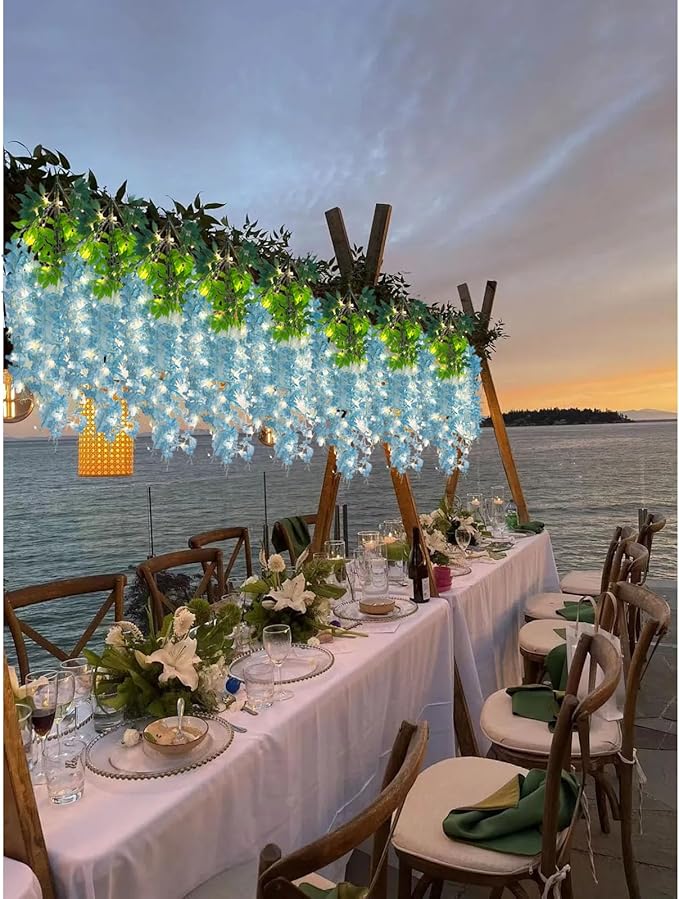 12 Pack Lake Blue Wisteria Hanging Flowers Garland with Lights, 3.44 Feet Artificial Flower Vines, Fake Wisteria, Artificial Vines Hanging Garland for Backdrop Outdoor Patio Garden Decor