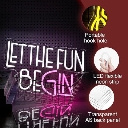 Let The Fun Begin Neon Sign USB Powered White Pink Fun Light Up Sign for Wall Decor Dimmable Led Letters Neon Light for Birthday Wedding Halloween Christmas Party Home Decor (15.8 * 11.8In)