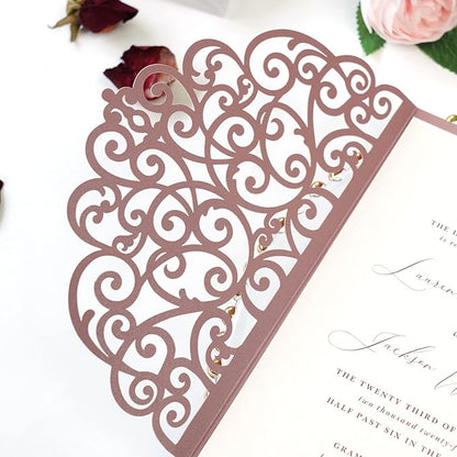 PONATIA 5.12 x 7.2 Dusty Rose Laser Cut Wedding Invitations, 5x7 Trifold Laser Cut Invitation Pockets with Envelopes for Wedding Bridal Shower Engagement Quinceanera Invitations (20PCS No Inner Sheet)