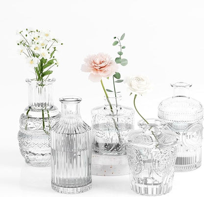 Gather & Bloom Creations 5 Piece Mini Bud Vase Set – Clear Glass Small Vases in Unique Shapes & Sizes for Flowers, Fairy Lights, Wedding Table Centerpieces, Vintage-Inspired Home Décor