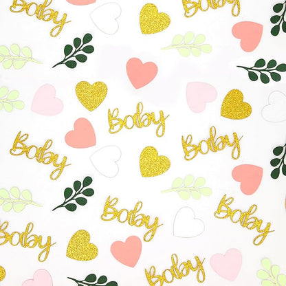 200PC Greenery Baby Shower Confetti Pink and Sage Green Baby Shower Decorations for Girl Eucalyptus Hearts Table Scatters for Its a Girl Party Decor Supplies