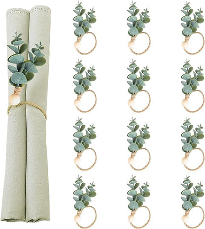 Defined Deco Napkin Rings Set of 12, Rustic Farmhouse, Boho Green Leaf Napkin Rings for Spring Summer, Thanksgiving Christmas,