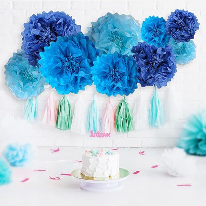 Blue Paper Flower Pom Poms Wall Decorations for Baby Showers, Weddings, Birthdays, Bridal, Tea Parties, Engagement, Home Decor