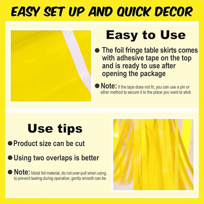 3 Pack 29 x108 Inch Macaron Yellow Foil Fringe Table Skirts Metallic Banner for Tinsel Streamer Garland Backdrop for Parade Floats Mother's Day, Graduate, Birthday, Wedding Party Decoration
