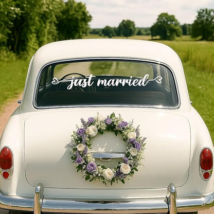 Just Married Vinyl Decal – White Wedding Car Sticker, 28 x 3.8 inch, Just Married Car Window Decal for Newlyweds, Waterproof Wedding Decoration for Rear Windshield or Bumper.
