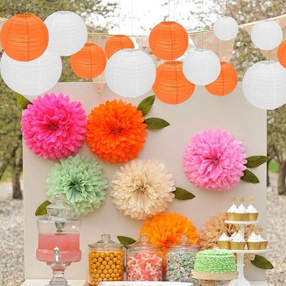 12Pcs Round Paper Lanterns Assorted Sizes (6" 8" 10" 12") for Home Decor, Restaurant, Church, Wedding, Birthday Party Decorations, Hanging Chinese Japanese Paper Lantern Lamps (Orange)