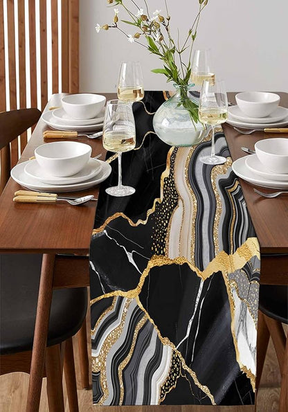 Geometric Black Marble Cotton Linen Table Runner for Dining Kitchen, Wedding Outdoor Party Tablerunners Decoration,Farm Marble Liquid Ripple Abstract Dresser Scarf Coffee Tablecloth Runners 13''x120''