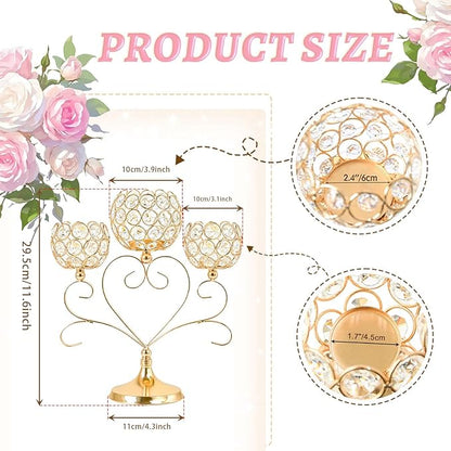 6 Pcs Gold 3-Arm Heart Tea Light Candle Holder - Crystal & Metal Wedding Centerpiece Decor, Sparkling Table Decor for Anniversaries/Romantic Tabletop Home/Dinner Party/Events