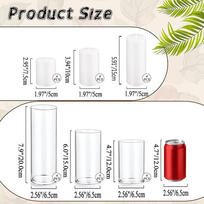 UDU Set of 12 White Pillar Candles and 12 Glass Cylinder Vases Hurricane Holders, Slim Pillar Candle Holder, Cylinder Vases for Centerpieces Wedding Table Party Home Decor(2.6" X 4.7", 5.9", 7.9")