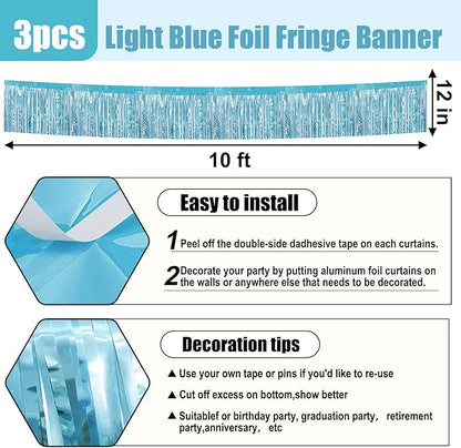 3 Pack 10 Feet Light Blue Metallic Foil Fringe Garland Wall Hanging Tassle Banner, Mother's Day, Easter, Parade Floats, Birthday, Theme Party, Wedding Party Decorations