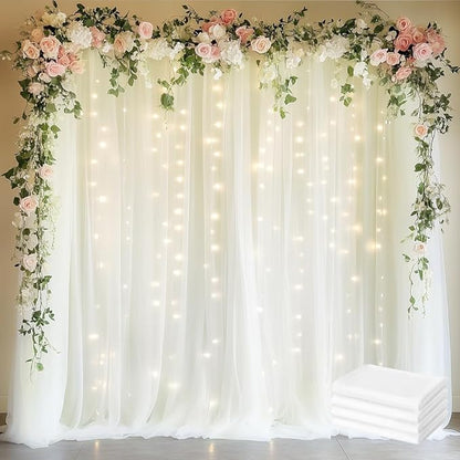 Fomcet Tulle Curtains with Lights String Ivory 20FT X 8FT Sheer Backdrop Curtains for Parties Wedding Baby Shower Photo Shoot Decorations (4 Panels 5 x 8FT)