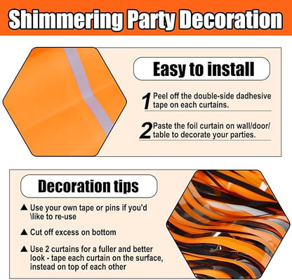 6 Pack Black Orange Foil Fringe Curtain Backdrop, 3.28Ft x 8.2Ft Metallic Tinsel Foil Fringe Streamer Curtains for Photo Booth, Birthday, Wedding, New Year Party Decorations