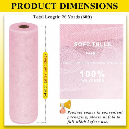 54" by 20 Yards Pink Tulle Fabric Rolls - Tutu Spool Bolt for DIY Wedding Decoration, Baby Shower Tutu Skirt, Gift Wrapping - Large Matte Tulle, Roll Packaging (Light Pink)