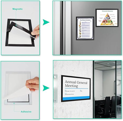 CRUGLA 8.5x11 Magnetic Frame Sheet with Self Adhesive Backing, Poster Certificate Carft Picture Photo Frame for Refrigerator Office Glass Window Door Cubicle Tile, 12 Pack