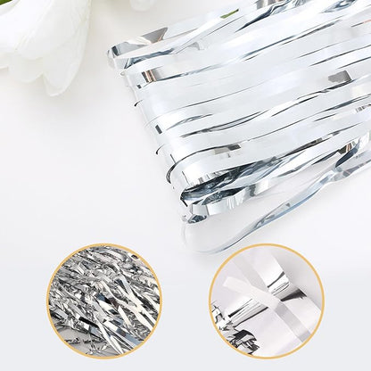 10 Pack Silver Foil Curtain Backdrop 3.2ft x 9.8ft Metallic Tinsel Foil Fringe Curtains Streamer Photo Booth Backdrop for Birthday Party Engagement Bachelorette Party Decorations (Silver)