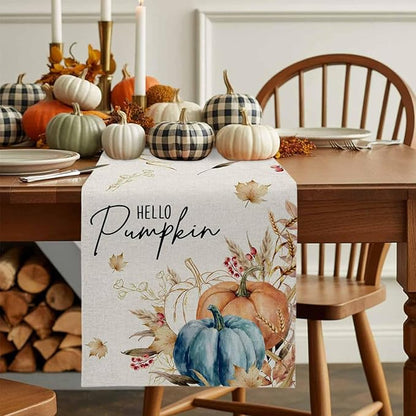 Fall Thanksgiving Cotton Linen Table Runner for Dining Kitchen, Orange Pumpkins Outdoor Party Autumn Tablerunners Decoration, Rustic Wheat Leaves Dresser Scarf Coffee Tablecloth Runners 13x48 Inches