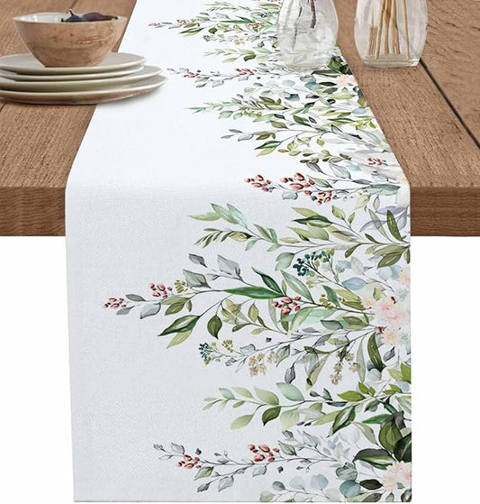 Botanical Eucalyptus Cotton Linen Table Runner for Dining Kitchen, Wedding Outdoor Party Tablerunners Decoration, Sage Green Leaves Elegant Floral Dresser Scarf Coffee Tablecloth Runners 13x90 Inches