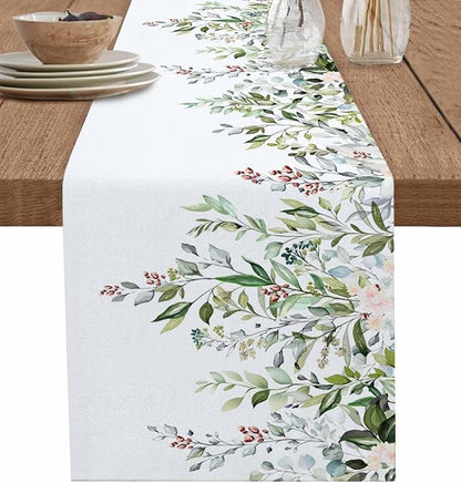 Botanical Eucalyptus Cotton Linen Table Runner for Dining Kitchen, Wedding Outdoor Party Tablerunners Decoration, Sage Green Leaves Elegant Floral Dresser Scarf Coffee Tablecloth Runners 13x72 Inches