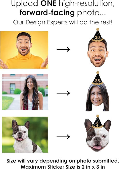 Big Dot of Happiness Custom Photo Adult Happy Birthday - Black & Gold Personalized Birthday Party Favors - Fun Face Cut-Out Stickers - Set of 24