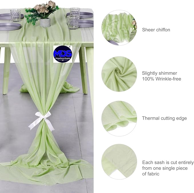 MDS Halloween Chiffon Table Runner - 12 Pack, 29 x 170 Inches, 14ft Each - Sheer Spooky Table Runners for Haunted House Parties, Trick-or-Treat Tables, Witchy Décor, Wedding & Events - Sage Green