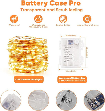 1 Pack 32.8 Ft. Battery Operated Outdoor String Lights with Remote & Timer, LED Warm White Fairy Lights, Waterproof Twinkle Lights for Bedroom, Dorm, Mason Jar, Wedding, Party, Christmas