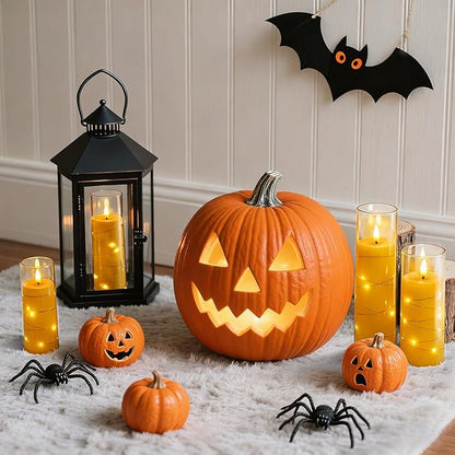 Raycare Flameless Candle with Remote Timer – 5 Flickering Acrylic Battery Operated LED Pillar Candles with Embedded Star String for Halloween, Home Decor, and as a Gift(Glod)