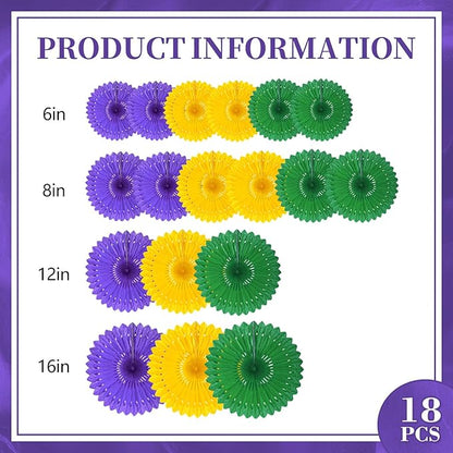 18 Pcs Mardi Gras Hanging Paper Fan, Hanging Honeycomb Round Paper Fans for Weddings, Birthdays, Christmas, Baby Showers, Classroom, Events Ceiling Party Supplies Decorations