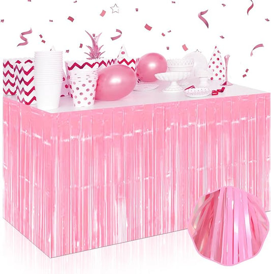 3 Pack 29 x108 Inch Macaron Pink Foil Fringe Table Skirts Metallic Banner for Tinsel Streamer Garland Backdrop for Parade Floats Wedding Thanksgiving Birthday Christmas New Year Party Decoration