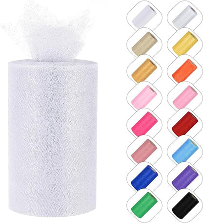 Glitter Tulle Rolls 6” by 50 Yards Sparkle Tulles Fabric Ribbon Sequin Tulle Netting Rolls for DIY Tutu Skirt Wedding Birthday Party Decoration (White/Silver-New)