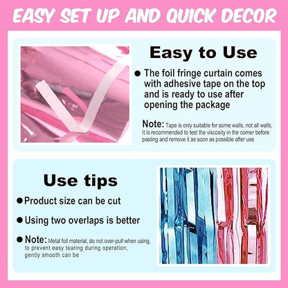 6 Pack Pink Blue Foil Fringe Curtains Backdrop, 3.28 x 8.2 Ft Metallic Streamers Tinsel Curtains Background for Photo Booth, Birthday, Weddings, Carnivals, Graduation, Themed Party Decorations