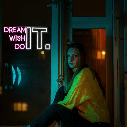 Dream It Wish It Do It Neon Sign Dimmable Letters Neon Light Signs for Wall Decor USB Power Pink White Neon Light for Bedroom Led Neon Sign for Studio Office Bar Gifts