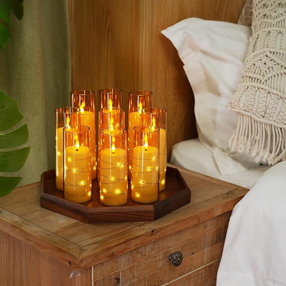 Raycare Flameless Candle with Remote Timer – 9 Flickering Acrylic Battery Operated LED Pillar Candles with Embedded Star String for Halloween, Home Decor, and as a Gift(Glod)