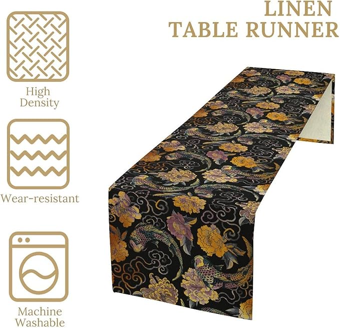 Japanese Table Runner Retro Flowers Oriental Tradition Kio Fish Art Printed Burlap Runner Home Kitchen Dining Table Living Room Decor Fabric 1 Panel W13xL70in