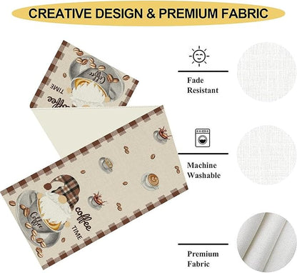 Coffee Time Table Runner, Farmhouse Retro Gnome Coffee Cup Tea Party Cafe Table Center Decor for Home Kitchen Dining Patio Holiday Party Indoor Outdoor Table Decorations,13"x90" Inch