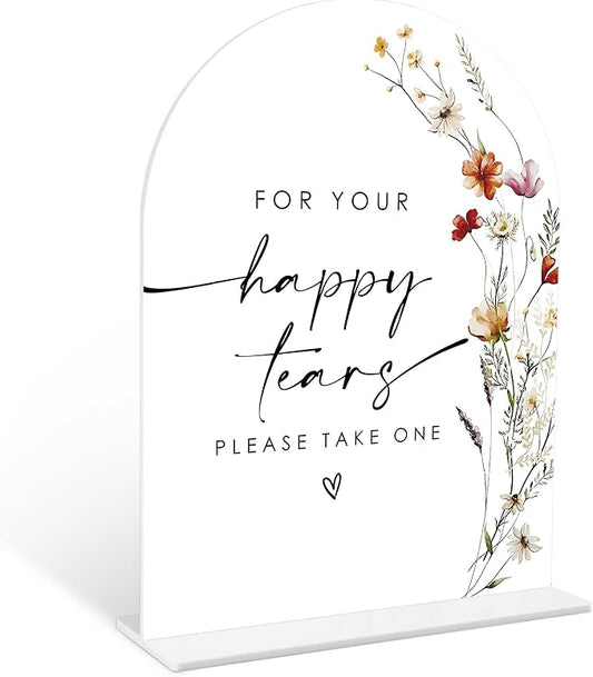 Boho Floral Happy Tears Tissue Sign, 6 x 8 Inch White Arch Acrylic Wedding Sign with Holder, Wedding Sign for Ceremony and Reception, Wedding Decoration, Wedding Supplies - BX25