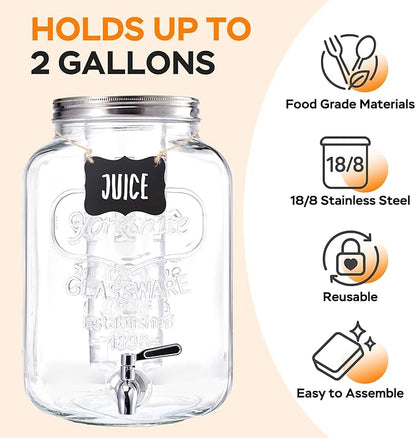 2 Gallon Glass Drink Dispenser for Parties, 2 Pack Beverage Dispenser with Stand, Lemonade Dispenser with 18/8 Stainless Steel Spigot, Leakproof for Sun Tea, Juice, Picnic, BBQ & Bars