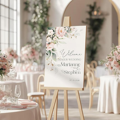 Personalized Wedding Welcome Sign, Blush Pink Floral Wedding Sign Signage 12" X 18" (Small), 27" (Medium), 36" (Large), Plastic, Modern, Pole Mount, Weather