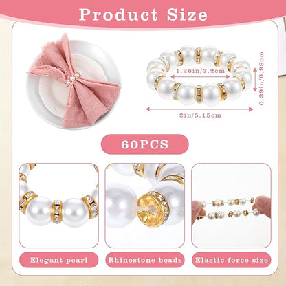60 Pcs Wedding Pearl Napkin Rings, Pearl Napkin Rings Napkin Ring Holder Imitation Beaded White Napkin Ring Elegant Rhinestone Serviette Rings Buckle for Formal Wedding Home Dinner Party Decorations