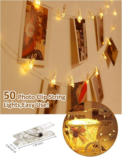 Photo Clip String Lights with Remote, 33FT 100 LED Battery Operated String Lights, Waterproof Copper Wire Starry Lights with 50 Clear Clips, Powered Fairy Lights for Teen Girl Gifts Bedroom 8 Modes