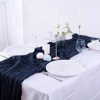 Boho Gauze 16PCS Navy Blue Cheesecloth Table Runners - 35x120Inch Long Rustic Sheer Table Decor for Wedding, Party, Baby, Bridal Shower