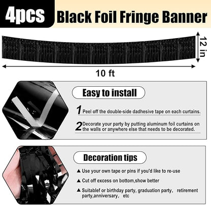 4 Pack 10 Feet Black Foil Fringe Garland Metallic Tinsel Streamers Banner Wall Hanging Curtain Backdrop for Parade Floats, Wedding, Graduate, Mother's Day, Birthday Party Decoration