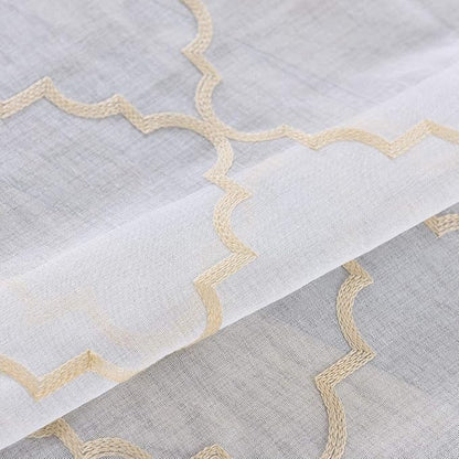 Sheer Curtains Gold 95 Inches Long, Rod Pocket Drapes for Living room, Bedroom, Embroidered Moroccan Tile Lattice Design Semi Crinkle Voile Curtain Panels for Patio, Villa, Parlor, Set of 2, 52"x95".