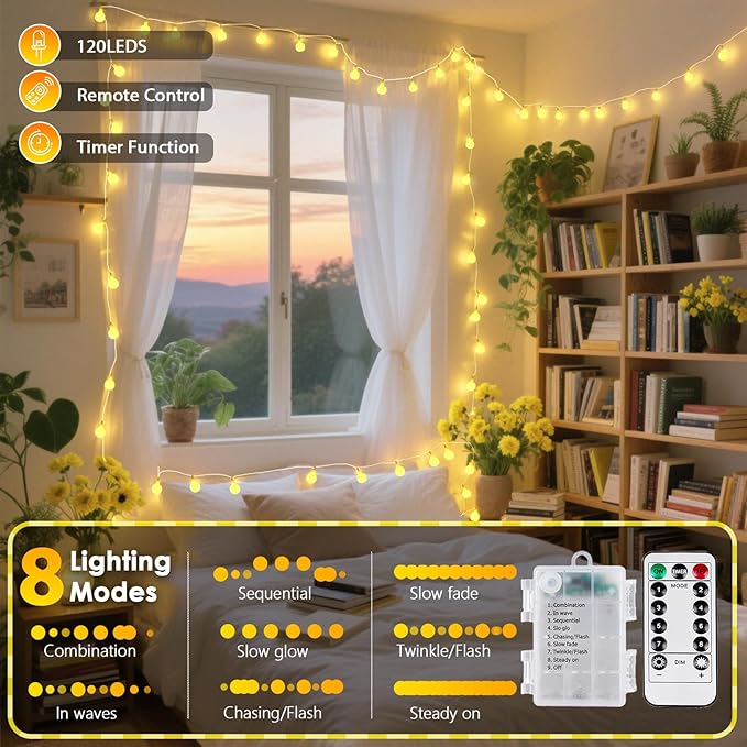 2 Pack Battery Operated String Lights - 52FT 120 LED Globe Fairy Lights with Remote, Waterproof Christmas Light Indoor Outdoor 8 Modes with Timer for Bedroom Classroom Dorm Christmas Decor, Warm White