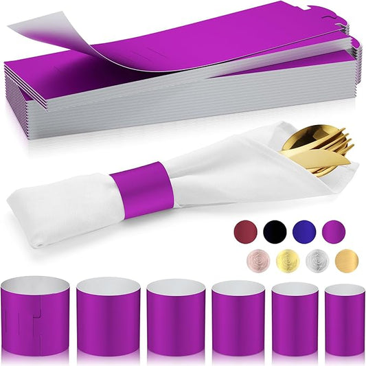 Polymer Material Reusable Napkin Band, Glue-Free Tear-Proof Water Resistant Oil-Proof Napkin Bands Set of 200(Front Purple Color and Back White), 6 Adjustable Sizes Napkin Rings