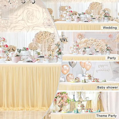 14ft Champagne Table Skirt Tulle Wedding Table Cloth Elegant Tutu Table Skirt Cover for Birthday Party Baby Shower Dessert Buffet Banquet Table Decorations
