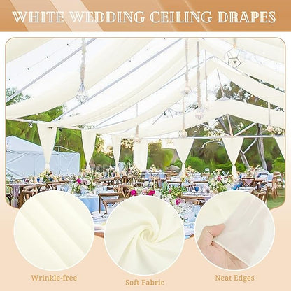 6 Panels Ivory Ceiling Drapes for Wedding 5ftx30ft Sheer Drapery Chiffon Fabric Arch Draping Curtains for Party Ceremony Birthday Baby Shower Reception Stage Ceiling Decorations